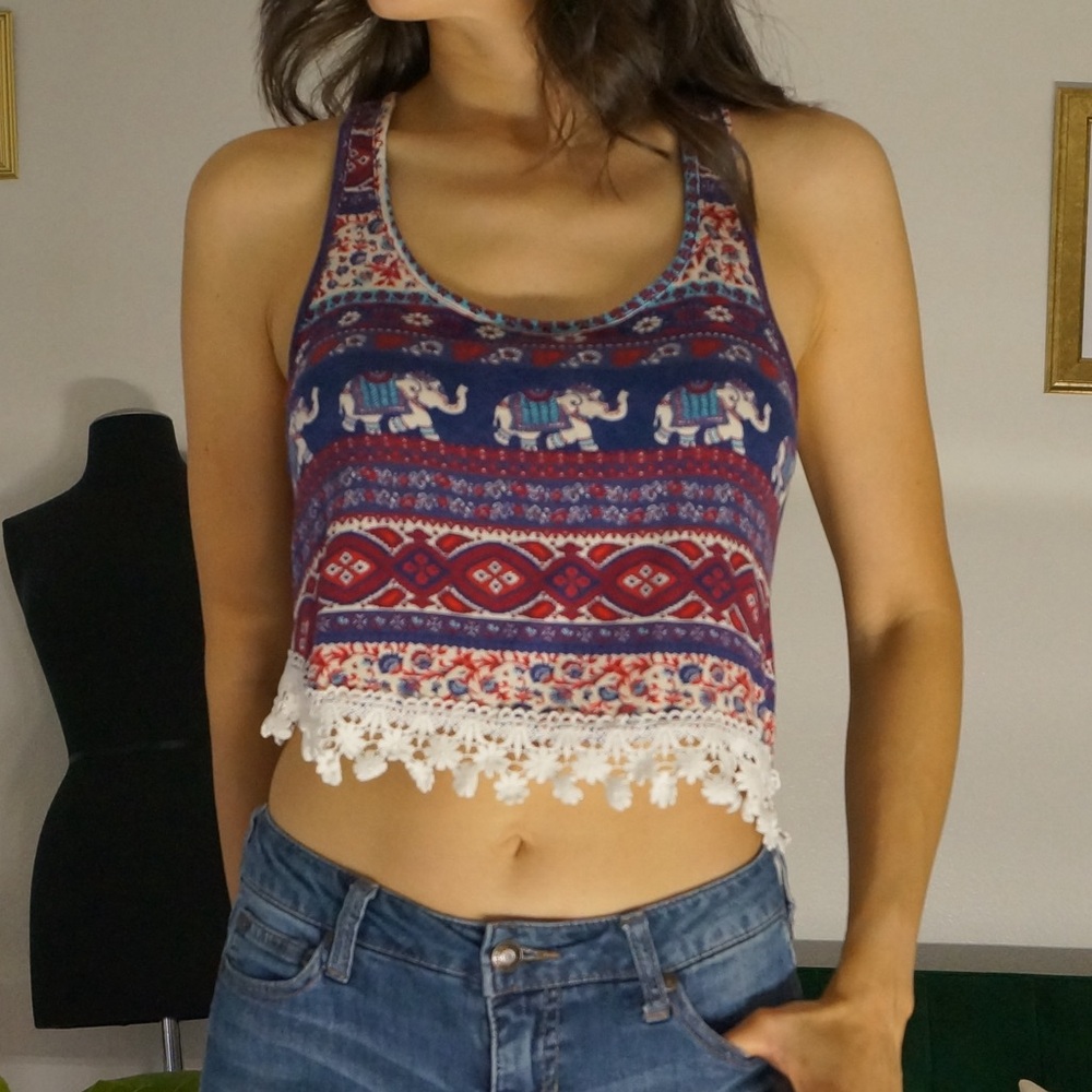 Tribal Print Racer Back Crop Top Multicolor Crochet Hem Scoop Neck Size XS